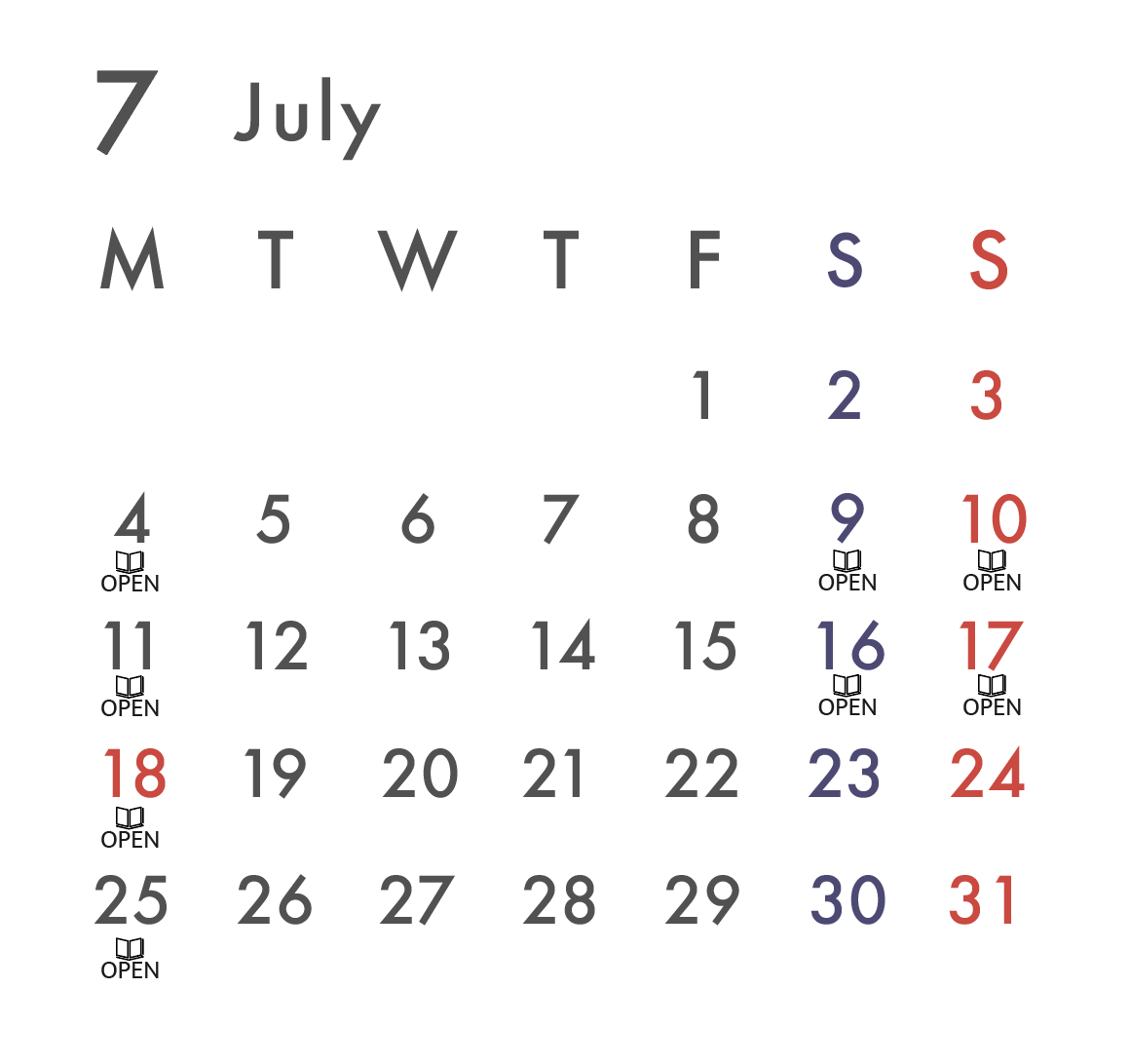 開館日がマークされている7月のカレンダー